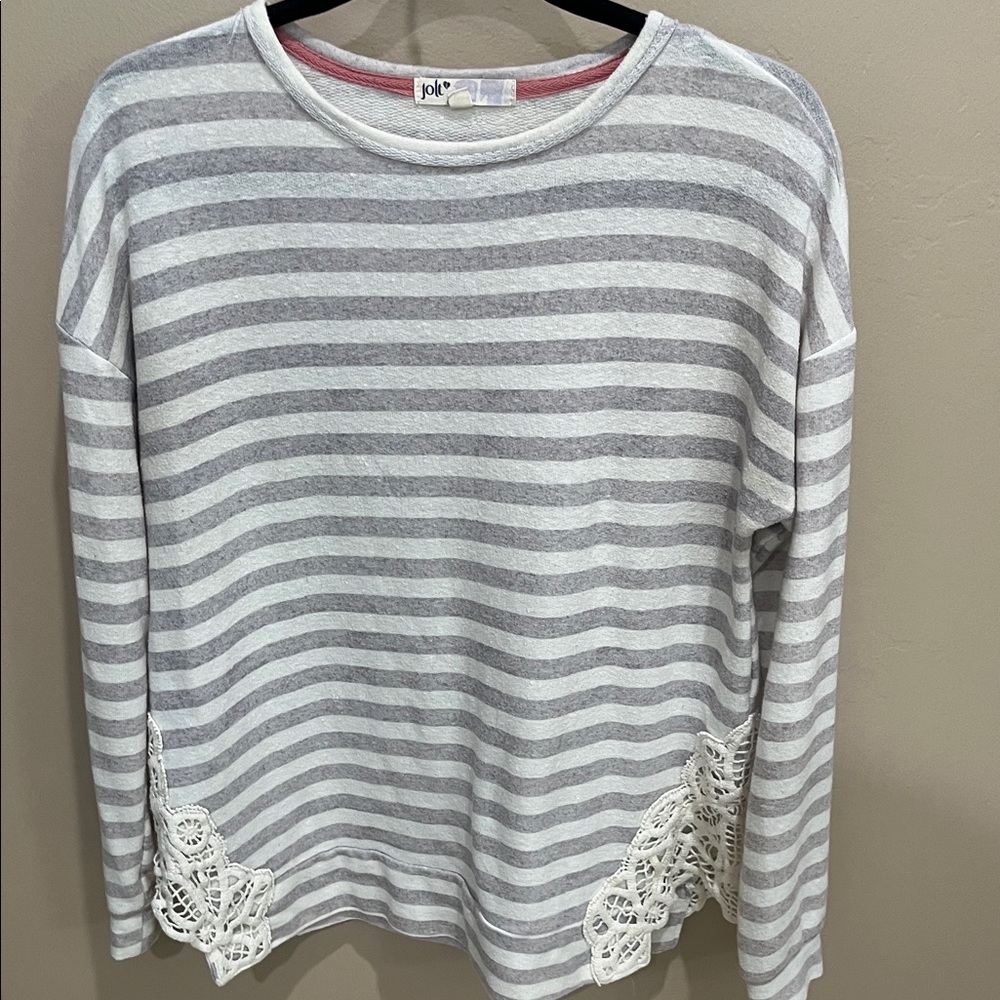 Jolt Gray and White Striped Sweatshirt with Lace Accents